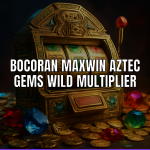 Mesin slot Aztec Gems dengan bocoran maxwin dan wild multiplier di latar belakang.