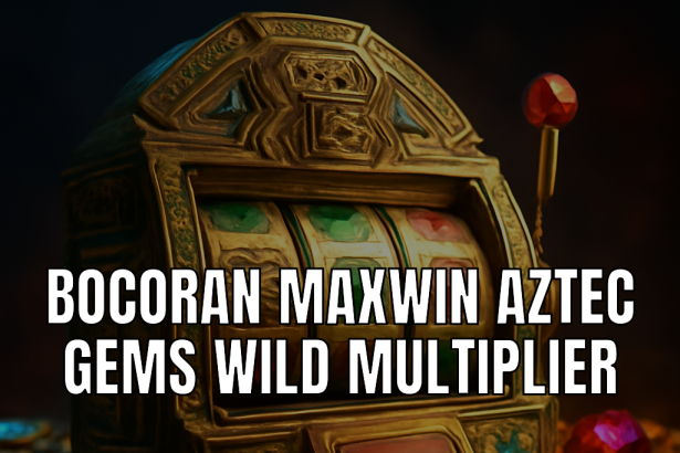 Mesin slot Aztec Gems dengan bocoran maxwin dan wild multiplier di latar belakang.